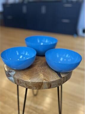 Vintage Set of Three Blue Metal Enameled  Bowls